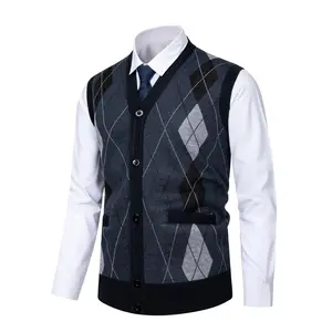 [Elegant Bohemian Knit Vest] Warm Polyester Elegant Men's Bohemian Knit Vest - V-Neck with Geometric Pattern, Button-Up Sleeveless Sweater for Fall/Winter - Machine Washable, Autumn Winter Wear.