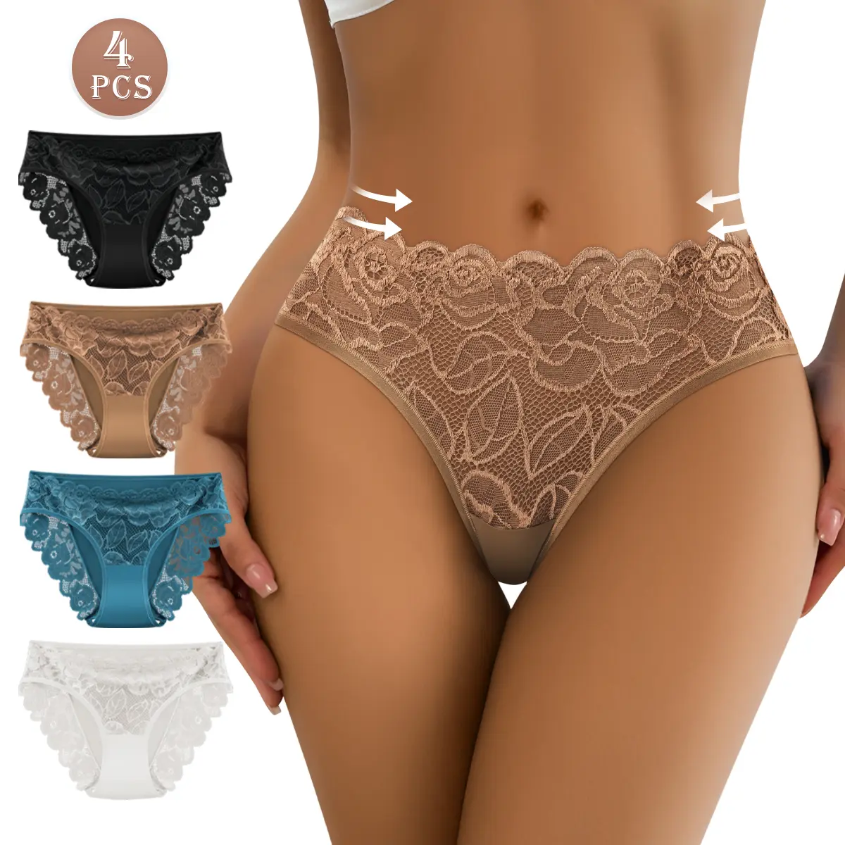 Women's 4-Pack Lace-Trimmed Mid-Waist Underwear — Floral Pattern Bikini Briefs in Black, Nude, Teal & White，Soft Stretch Comfortable & Elegant Lace Lingerie, S-XXL