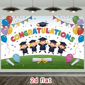 2D Flat Graduation Banner, Polyester Party Decoration Supplies with Colorful Caps, Cheerful Balloons, Confetti, Ideal for Graduation, Birthday Events (Home & Festive Backdrop)