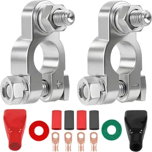 SUNMORN Battery Terminal Connectors, Military Spec Positive Negative Heavy Duty Auto Car Marine Battery Terminal,with 4 Pcs 2 Gauge 3/8" Copper Lugs,4 Heatshrink,2 Cover and Anti Corrosion Washers