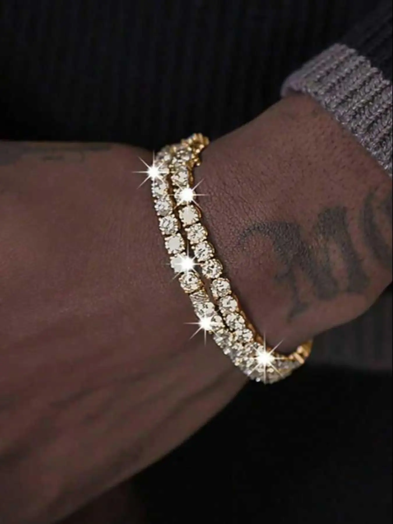 Men's Simple Hip Hop Cuban Style Rhinestone Bracelet Set, 2 Pieces, Stackable Bracelets, Stacked Bracelets, Fashion Accessory, Jewelry Bracelet, Perfect for Casual Wear, Unisex Bracelet, Fashionable Bracelet