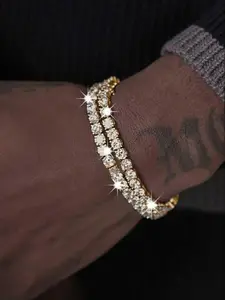 Men's Simple Hip Hop Cuban Style Rhinestone Bracelet Set, 2 Pieces, Fashion Accessory, Perfect for Casual Wear, Unisex Bracelet