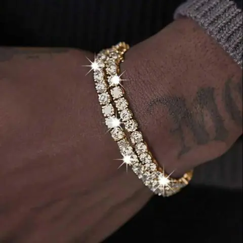 Men's Simple Hip Hop Cuban Style Rhinestone Bracelet Set, 2 Pieces, Stackable Bracelets, Stacked Bracelets, Fashion Accessory, Jewelry Bracelet, Perfect for Casual Wear, Unisex Bracelet, Fashionable Bracelet
