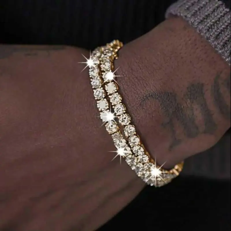 Men's Simple Hip Hop Cuban Style Rhinestone Bracelet Set, 2 Pieces, Stackable Bracelets, Stacked Bracelets, Fashion Accessory, Jewelry Bracelet, Perfect for Casual Wear, Unisex Bracelet, Fashionable Bracelet