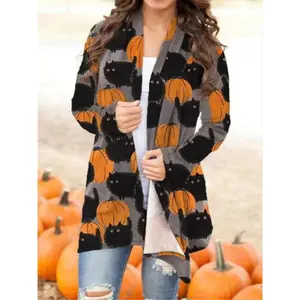Women’s Halloween cat and pumpkin print soft knit cardigan, casual loose-fit sweater for spring and autumn, fashionable cute design for autumn and winter