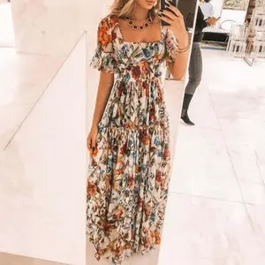 European and-Waisted Dress Square Neck Printed Ruffle Sleeve Bohemian Style Waist-Slimming Floral Fairy Dress 2025 Summer Casual