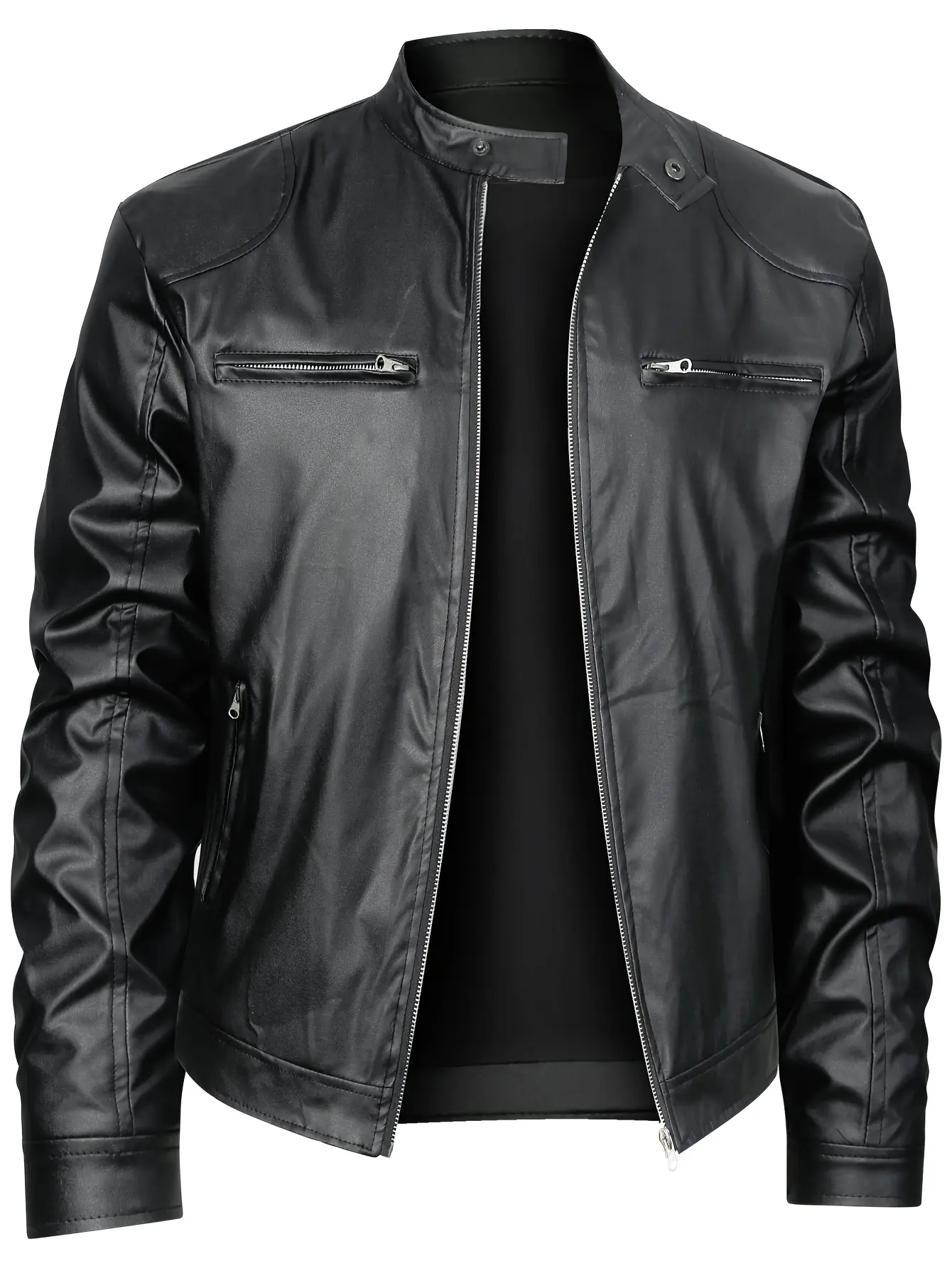 Men's Slim Fit Stand Collar Leather Jacket, Motorcycle Style Zipper Pocket Leather Coat, Casual Streetwear Outerwear
