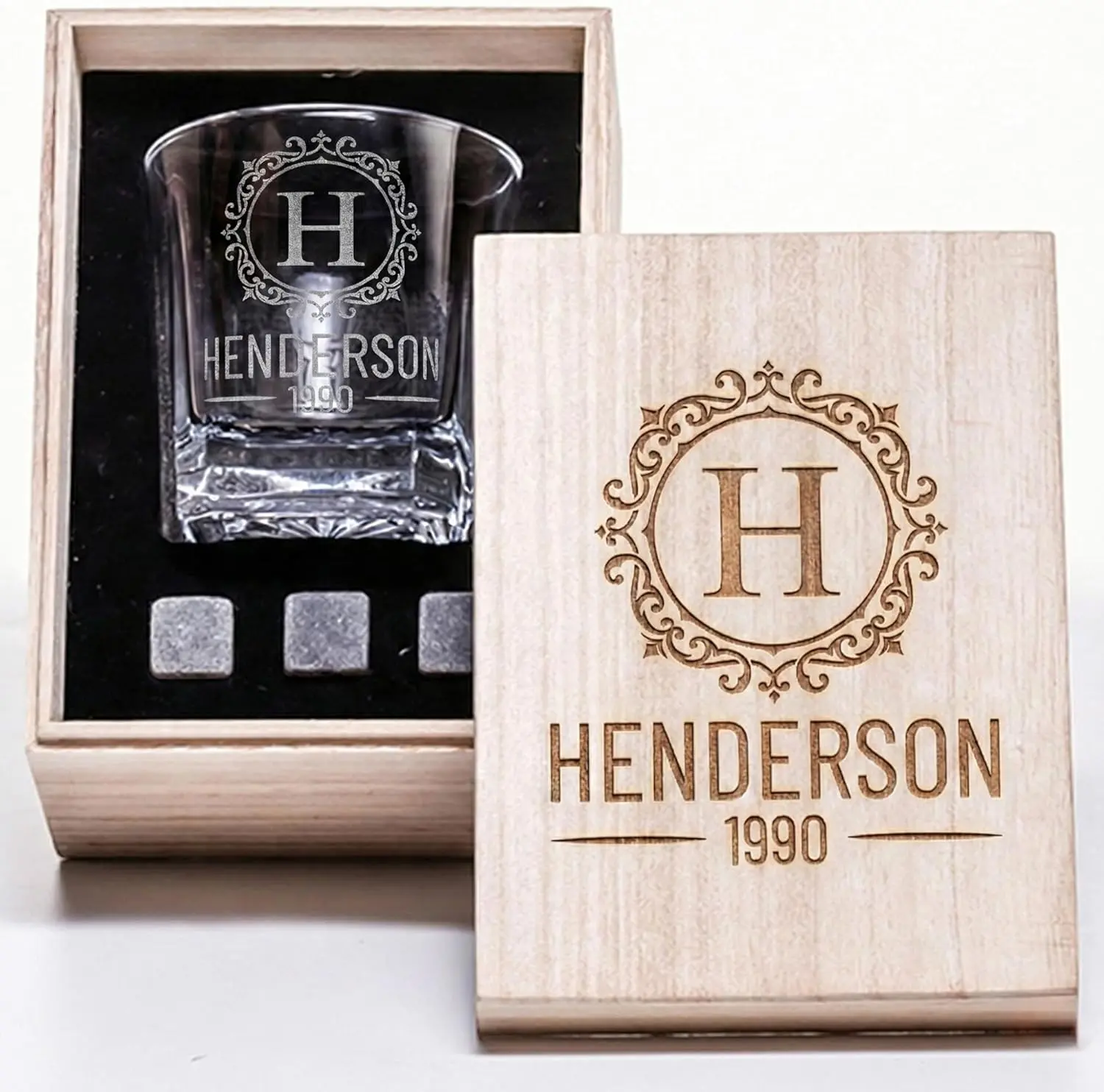 Personalized Whiskey Gifts - 11 oz Engraved Bourbon Glass Present - Custom Whiskey Glass in Wooden Box (Anniversary Design)