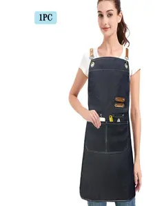 Vintage Denim Thick Apron with Multiple Pockets, Adjustable Leather Straps, Durable and Waterproof, Ideal for Professionals and Home Use, Kitchen Apron