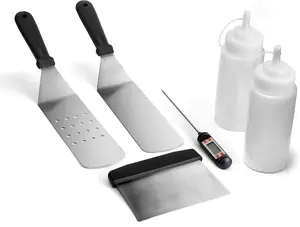 Yukon Glory™ 6-Piece Stainless Steel Griddle Tool Kit, Barbecue Utensils Set with Spatulas, Spray Bottles, Thermometer, and Griddle Scraper for Kitchen & Barbecue Use