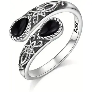 Veliora  B Vintage Celtic Knot Black Onyx Ring, 925 Sterling Silver Open Ring, Retro Ornament Adjustable Band for Women, Ideal  for Mother’s Day & Birthdays Wedding Engagement Ring Wedding Rings Elegant Rose Bear Necklace Gift