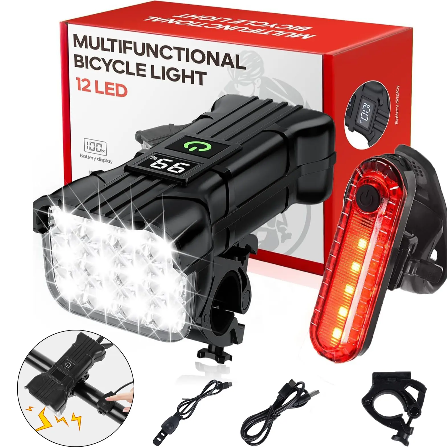 Bike Lights for Night Riding,40000LM Rechargeable LED MTB Bicycle Light Racing Bike Front Rear Headlight,Rechargeable Super Bright Bike Lights with LCD Power Display,One-Click Release & Flashlight Mode