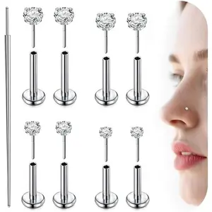 Threadless Nose Stud Earrings G23 Titanium Push in Flat  Nose Rings Helix Cartilage Tragus Lip Labret Conch    for Women Men 16G/18G/20G