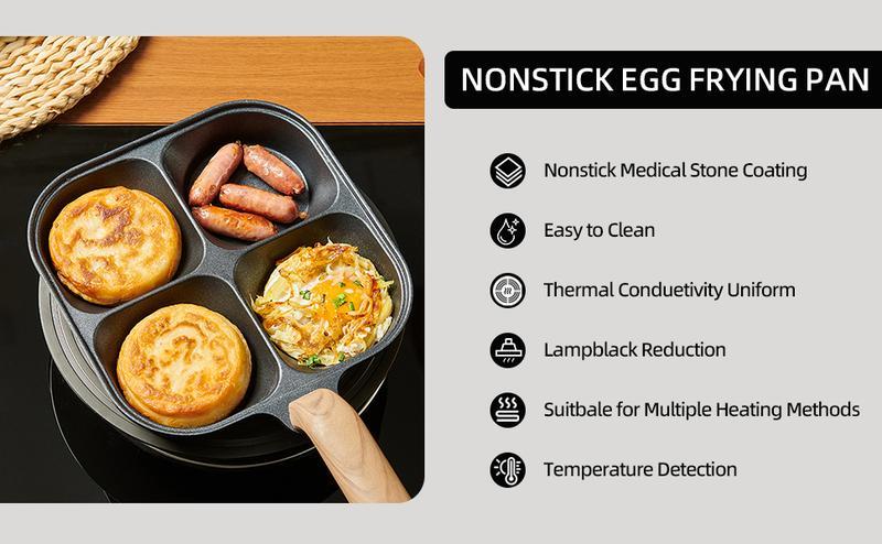 4-Hole Non-Stick Egg Frying Pan with Handle – Multi-Section Omelet & Pancake Skillet, 4-Cup Breakfast Cooker for Eggs, Burgers, Pancakes & Sausage, Compact Induction Compatible Nonstick Kitchen Pan