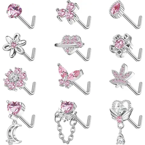 FLORIDECO Women's 12-Pcs L-Shaped Stainless Steel Nose Piercing Jewelry Sets, Cubic Zirconia Flower, Heart, Leaf, Moon Dangle, Butterfly Designs, Corrosion-Resistant, Lasts Long Jewelry for Women Daily Wear