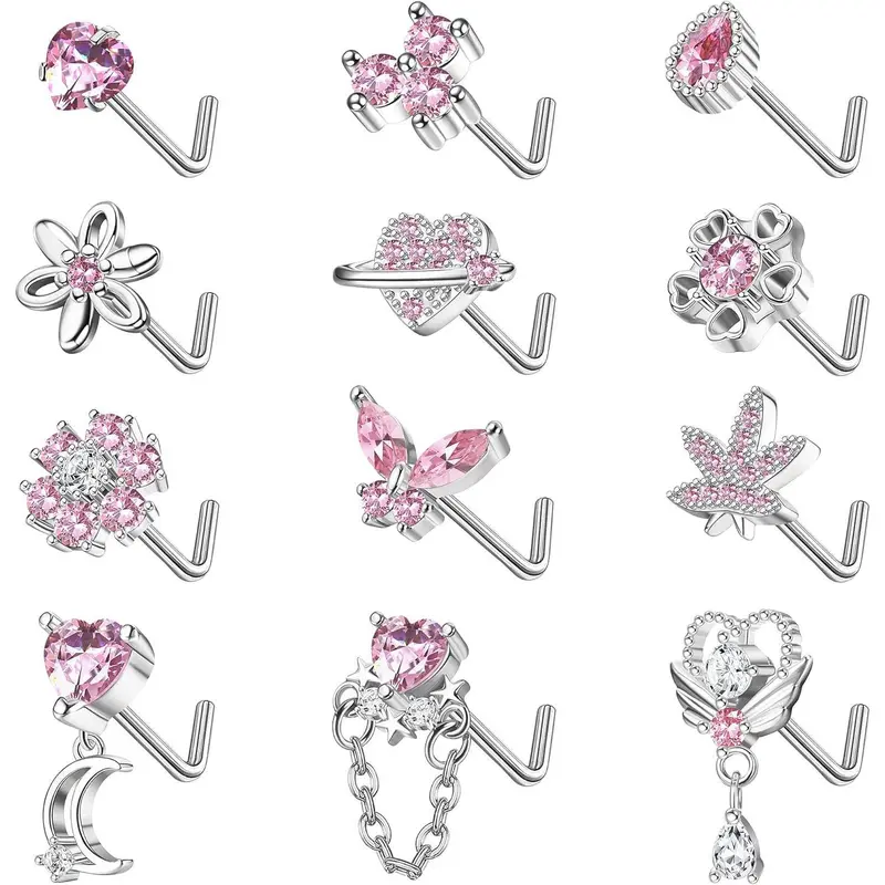 FLORIDECO Women's 12-Pcs L-Shaped Stainless Steel Nose Piercing Jewelry Sets, Cubic Zirconia Flower, Heart/Leaf/Moon Dangle, Butterfly Designs, Corrosion-Resist, Long-Lasting for Women's Everyday Wear