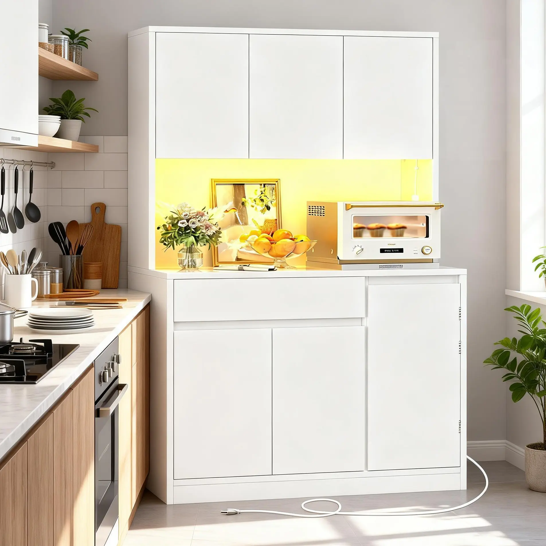 Kitchen Pantry Cabinet with Adjustable Shelf, Tall Storage Cabinet with 8 Door Shelves & 1 Drawer,  Pantry Cabinet with Adjustable RGB Light Strips, Food Pantry Cabinets for Kitchen, Dining Room, Living Room. campingessentials