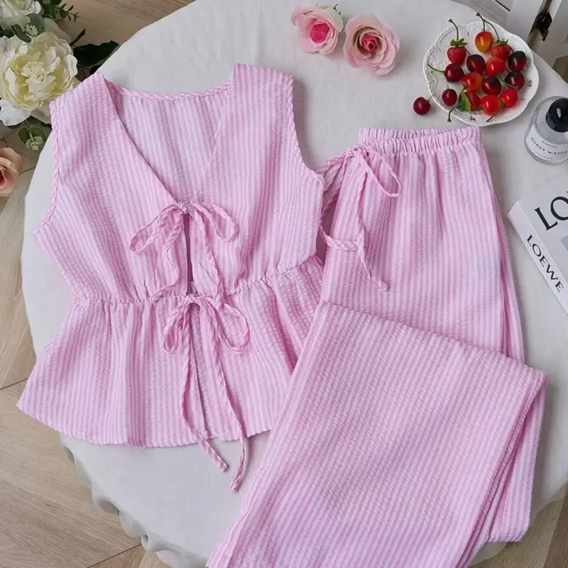 Women's 2-Piece Casual Matching Outfit Set, Pink Striped Top & Wide Leg Pants Lady Clothes for Summer
