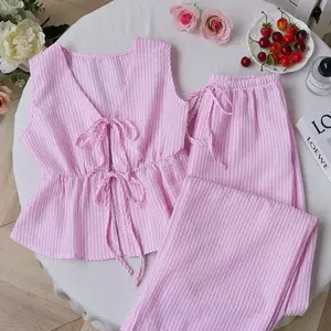 2 pcs Beautiful Summer Outfit for Women Casual set pink Striped Top & Wide Leg Pants Set - Womenswear