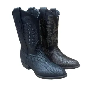 Men's Western Rodeo Cowboy Pointy boot-Genuine Cowhide Leather with Snake-Print Embossed Pattern Est.096 Puntal