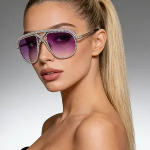Fashion Cross Sunglasses for Women Men Oversized Retro Design with Bling Rhinestone Copper Hardware Gradient Purple UV400 Protection Lenses for Party