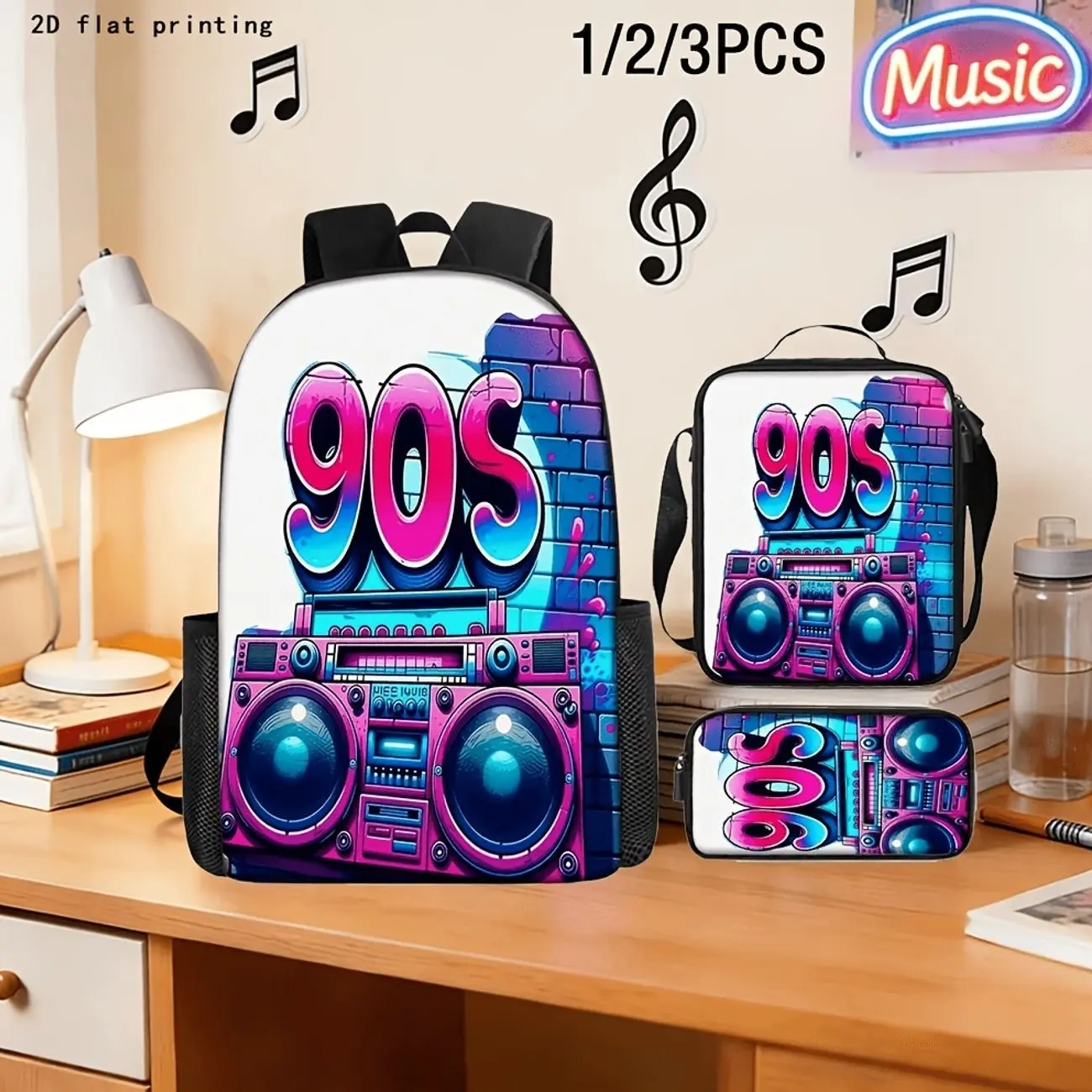 90s Retro Boombox Backpack 3 Piece Set, Hip Hop Graffiti School Bag with Lunch Box & Pencil Case for Teens Kids