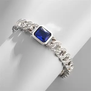 “Vintage Silver Engraved Chain Bracelet with Sapphire | Retro Statement Jewelry | Unisex Edgy Daily & Gift Wear”