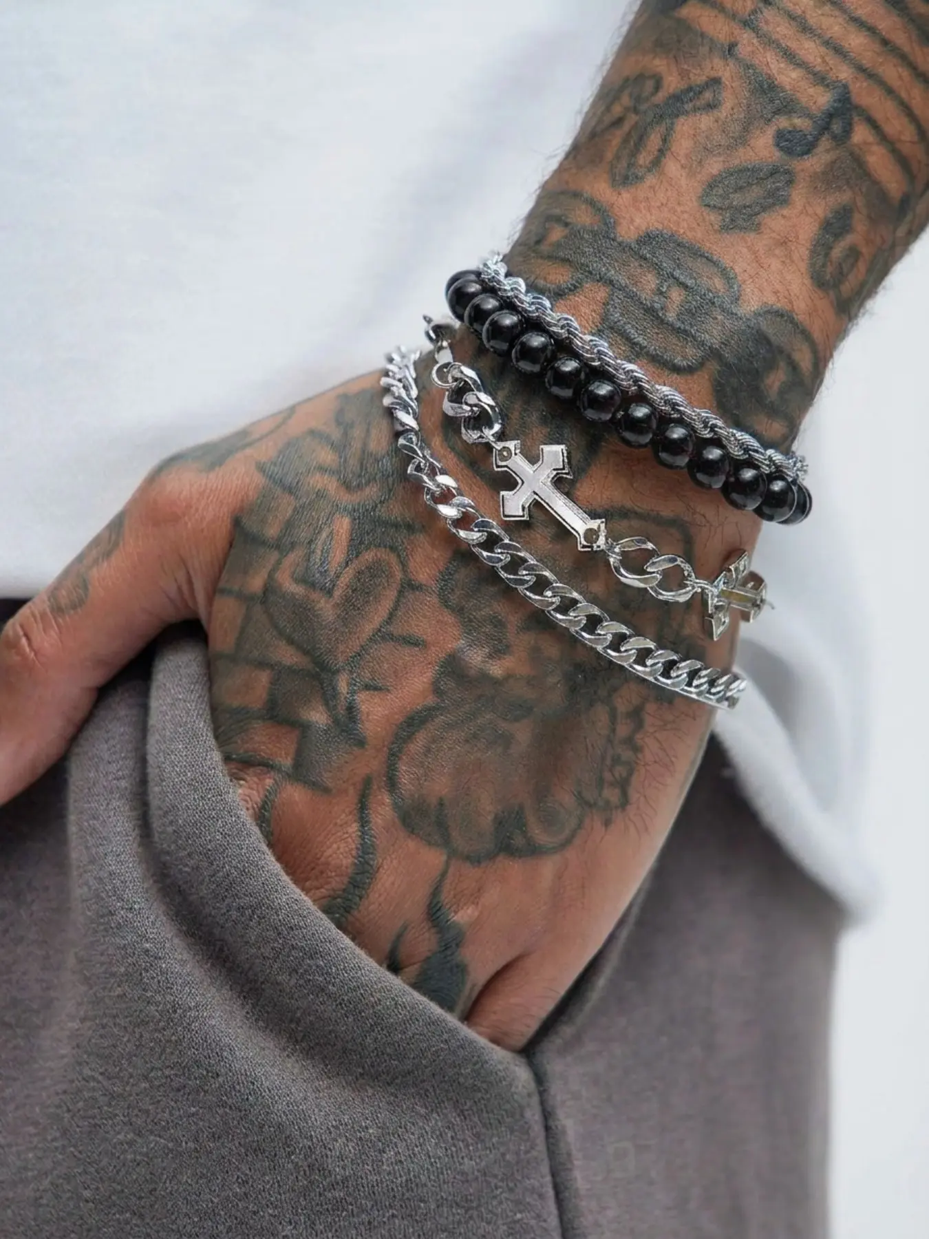 4 Piece Cross Bracelet Set, Punk Style, Silver Color Cuban Chain & Bead Chain, Unique Design, All Seasons Fashion Accessory, Chunky Link Bracelet, Bracelet Jewelry, Cuban Chain Bracelets, Bracelets Stack, Fashion Cool Accessories