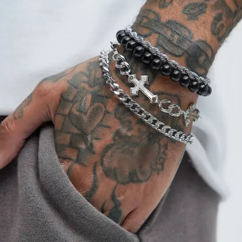 4 Piece Cross Bracelet Set, Punk Style, Silver Color Cuban Chain & Bead Chain, Unique Design, All Seasons Fashion Accessory, Chunky Link Bracelet, Bracelet Jewelry, Cuban Chain Bracelets, Bracelets Stack, Fashion Cool Accessories