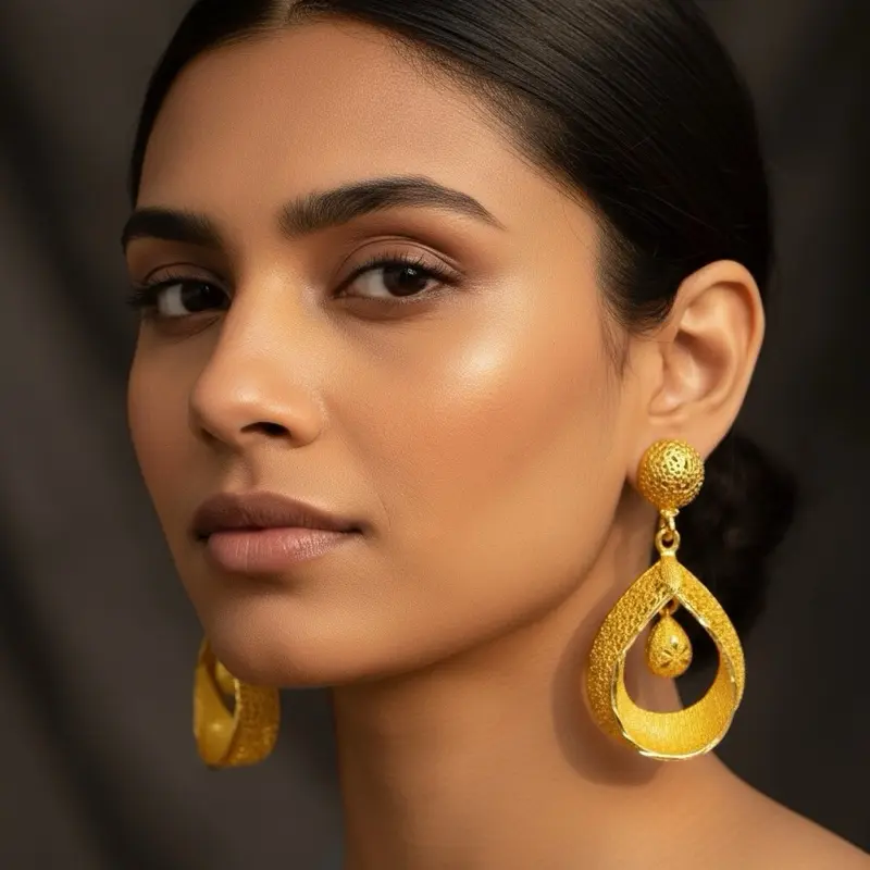24K Gold-Plated Textured Teardrop Dangle Earrings, Statement Ball Stud Design
