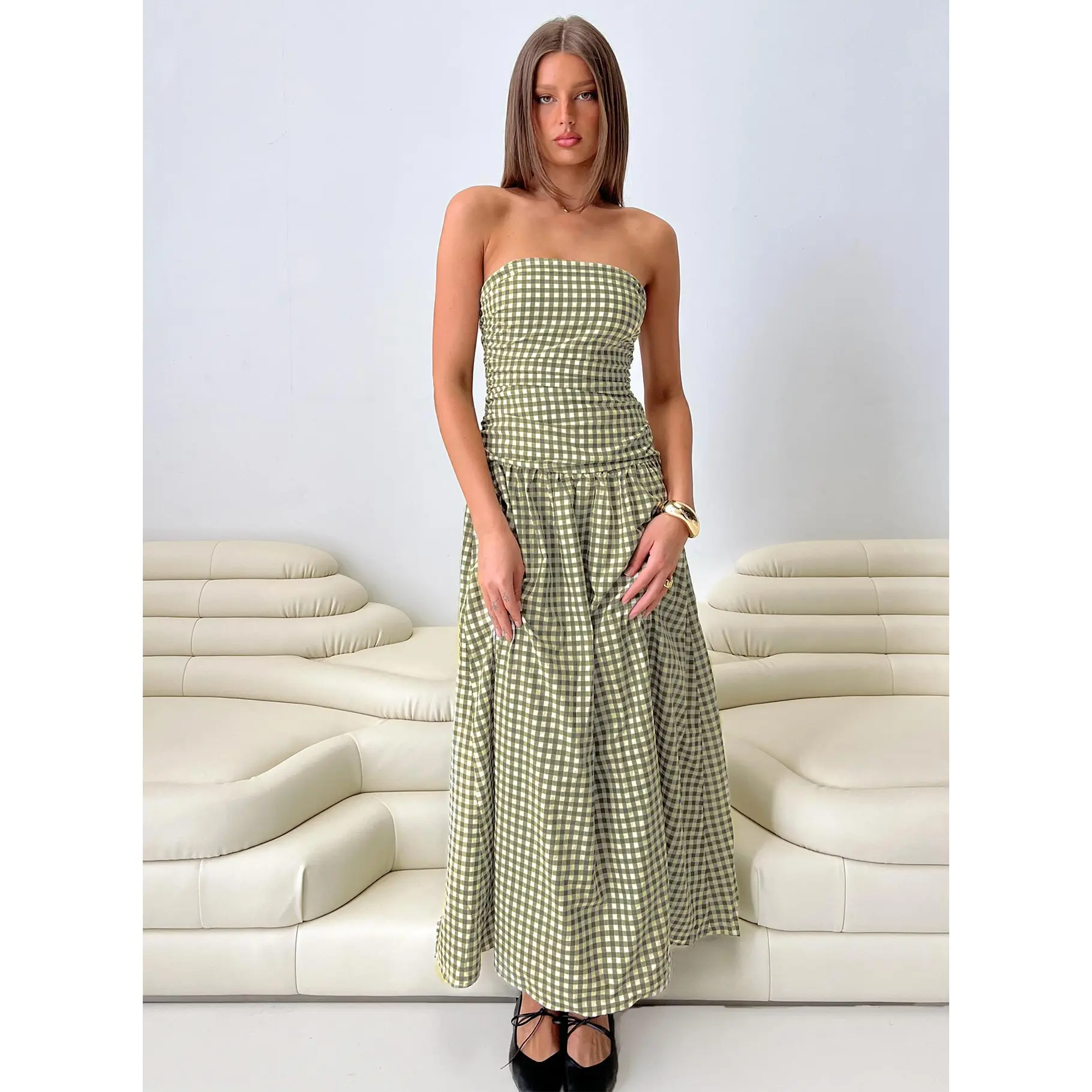 Frankey Strapless Drop Waist Maxi Dress Green Check - TikTok Shop