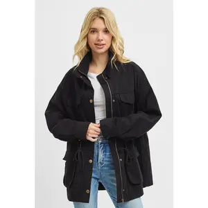 Women's Cotton Oversized Utility Jackets - Long Sleeves, Zipper Closure, 2 Colors, Casual Fit, Graphic Top-Matching Outerwear - FINAL SALE