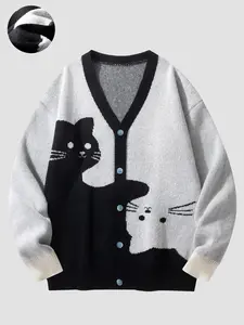 Cat Pattern Knit Cardigan, Colorblock V-Neck Button Front, Fun Animal Print, Unisex Streetwear, Fall & Winter Essential