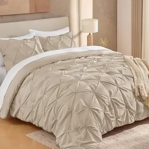 Khaki Pleated Comforter Set King (104x90Inch), 3 Pieces Pintuck Microfiber Down Alternative Beddding Set(1 Pintuck Comforter, 2 Pillowcases)