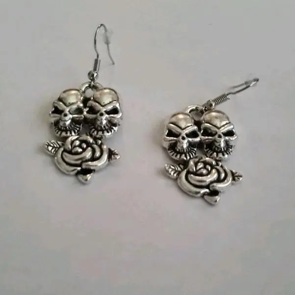 Two Skulls and a Rose Tattoo Style Pierced Earrings
