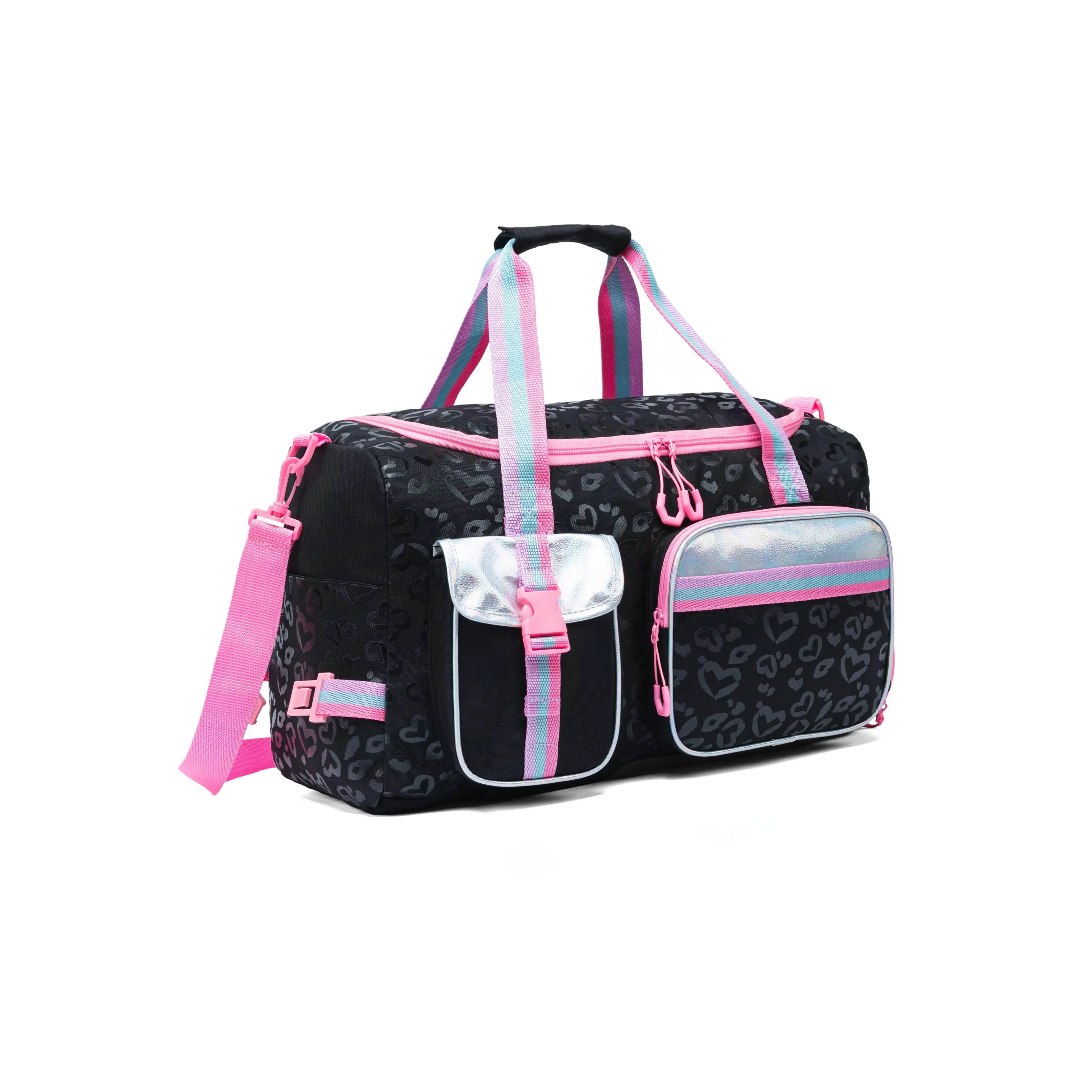Black Heart Leopard Print Duffle Bag Set for Girls – 2 Piece Kids Travel Bag with Clear Pouch & Shoe Compartment – Cute Duffel for Dance, Sports & Sleepovers carry essential luggage road trip