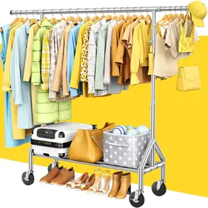 100% Stainless Clothing Rack Load 760LBS, Clothes Racks with Larger & Sturdy Wheel, Extendable & Rolling Garment with Shelves for Closet Rack
