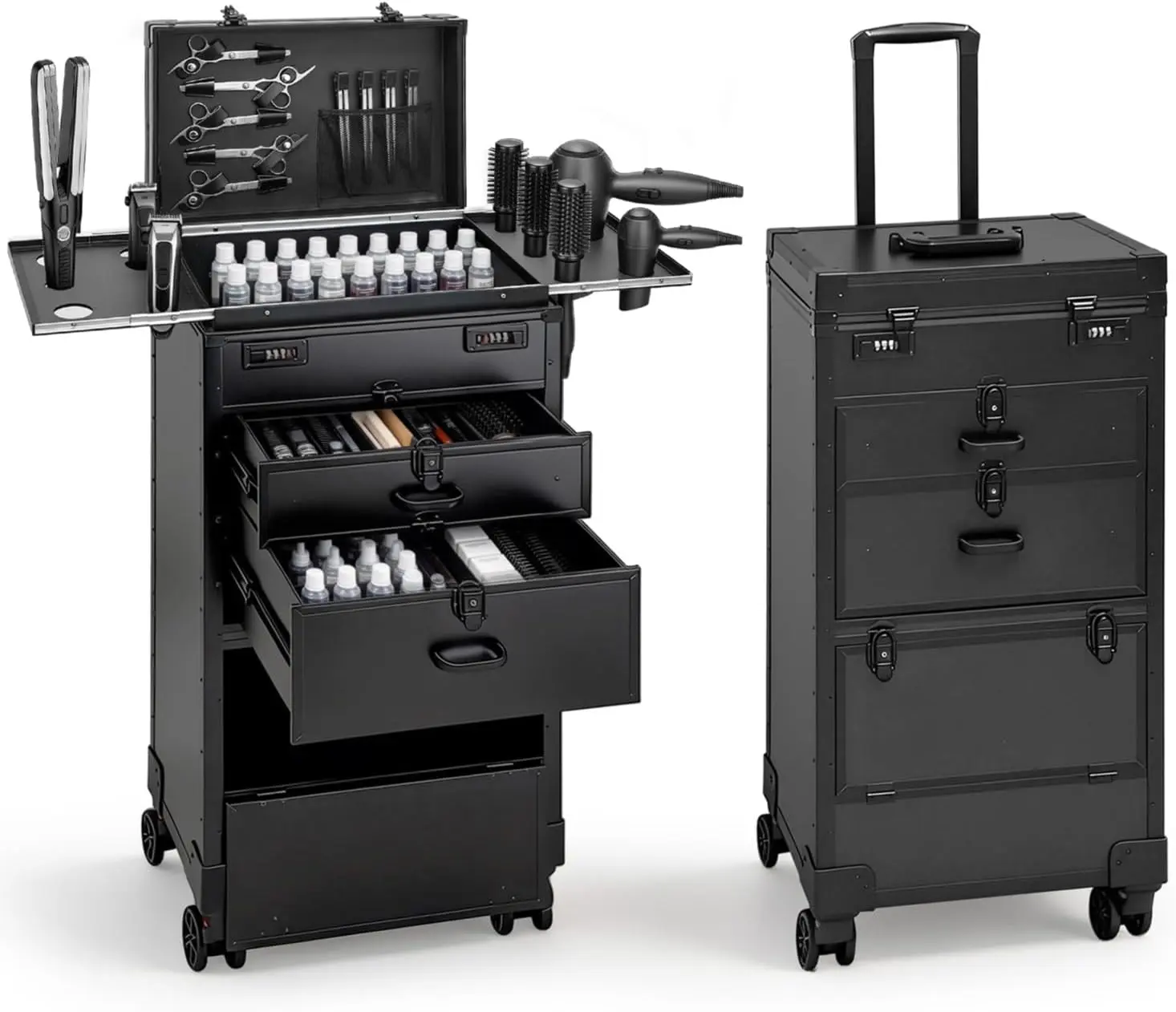 Black Modern Aluminum Reinforced 4-Drawer Portable Salon Hair Stylist Cart with Wheels, Commercial Furniture Station