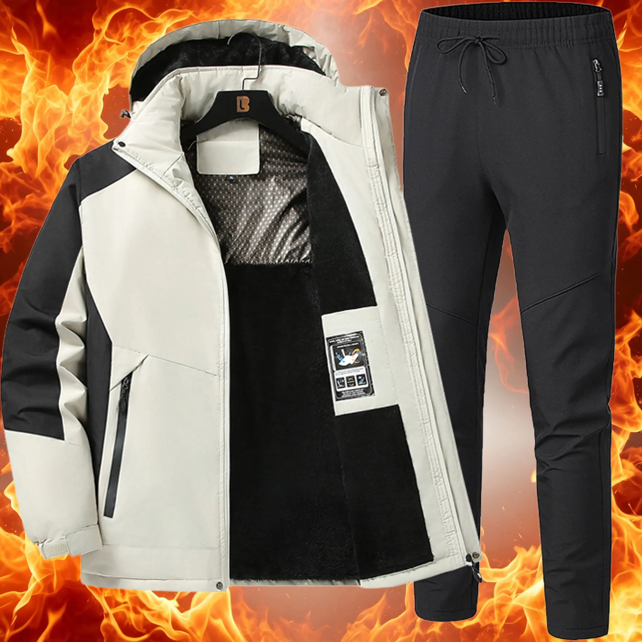 2026 Fall Winter Men Graphene Cotton Coat 2‑Piece Set, Plus Size Fleece Lined Thick Windproof Outdoor Jacket Pants Suit, Warm Hooded Padded Outfit For Hiking Camping Daily