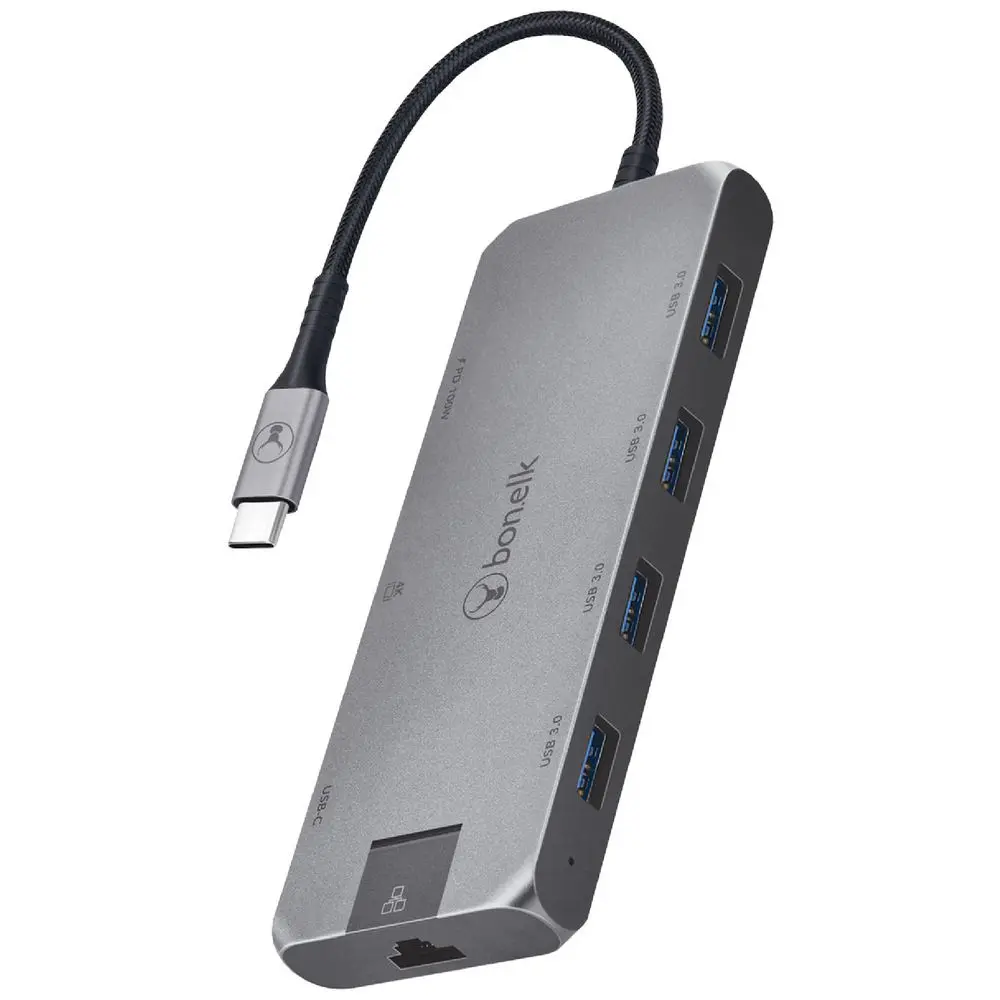 BonElk Long-Life USB-C 8-in-1 Multiport USB Hub with 4K HDMI, Ethernet, and 100W PD Ports - Space Grey
