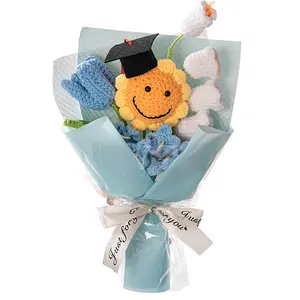Graduation Gift Sunflower Crochet Bouquet with Tote Bag, Handmade Artificial Flowers for Home Decoration