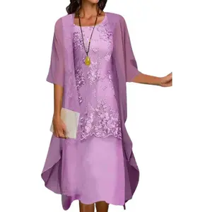 Women flowy floral dresses with jacket 2 piece set 3/4 sleeve sheer chiffon summer cocktail wedding guest dress