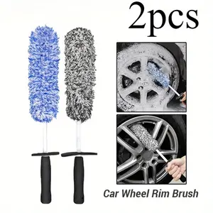 2pcs Microfiber Car Wash Wheel Cleaning Brush Soft Plush Non-Slip Handle Tire Rim Brushes Car Detailing Accessories Duster Removal Tool Rim Cleaner Brush