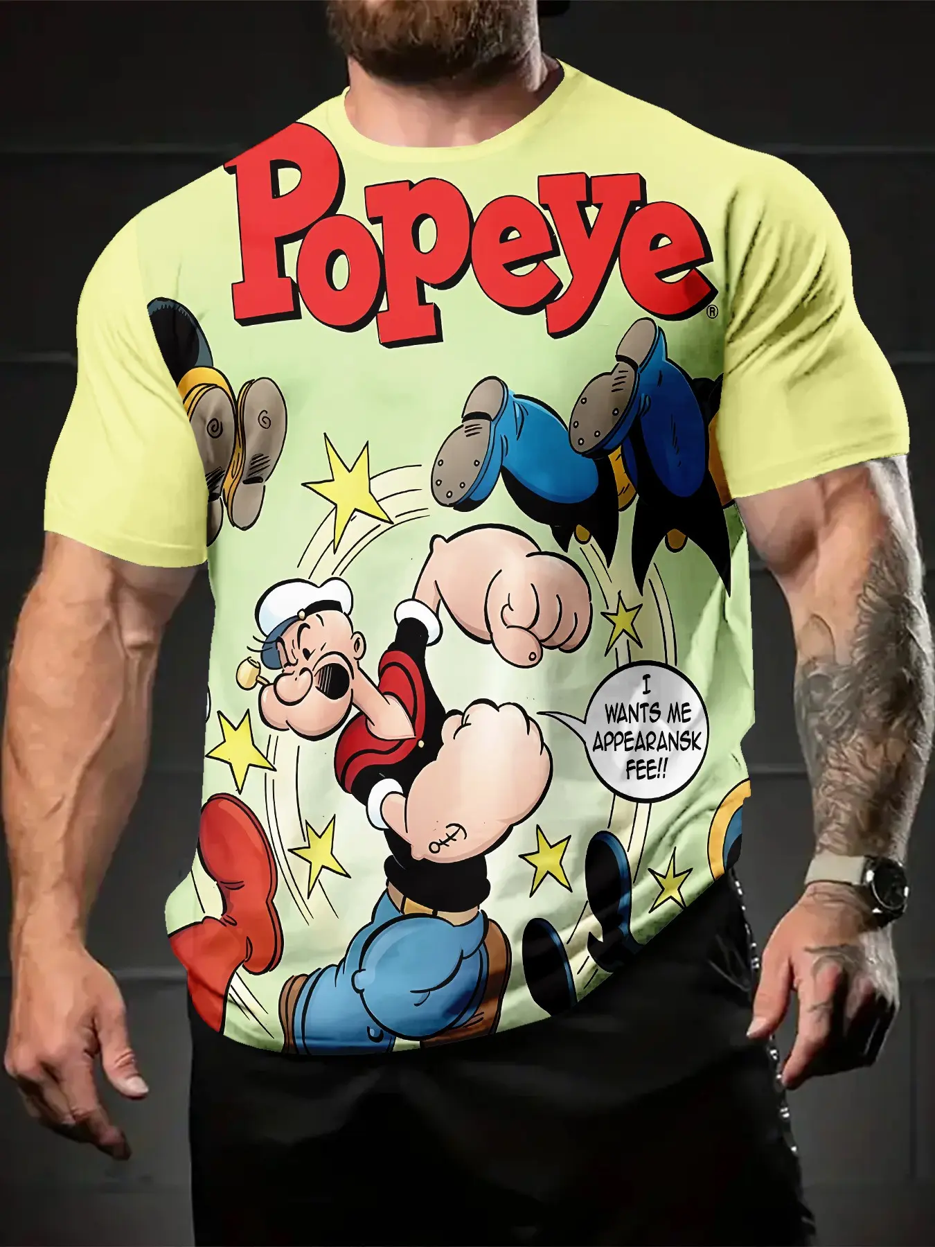 Popeye Strength 3D Digital Printing Crewneck T-shirt, Casual Style Tee, Classic casual and versatile sporty Streetwear Menswear men's crew neck short-sleeve Top, suitable for daily wear, a perfect holiday gift for men