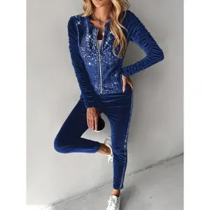 Women'S Sequin-stitched Velour Coat + Pants Two-piece Suit