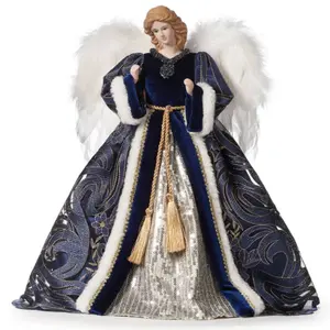 Roman Bethany Navy Angel Christmas Tree Topper with Elegant Blue and Silver Dress and White Fur Trim