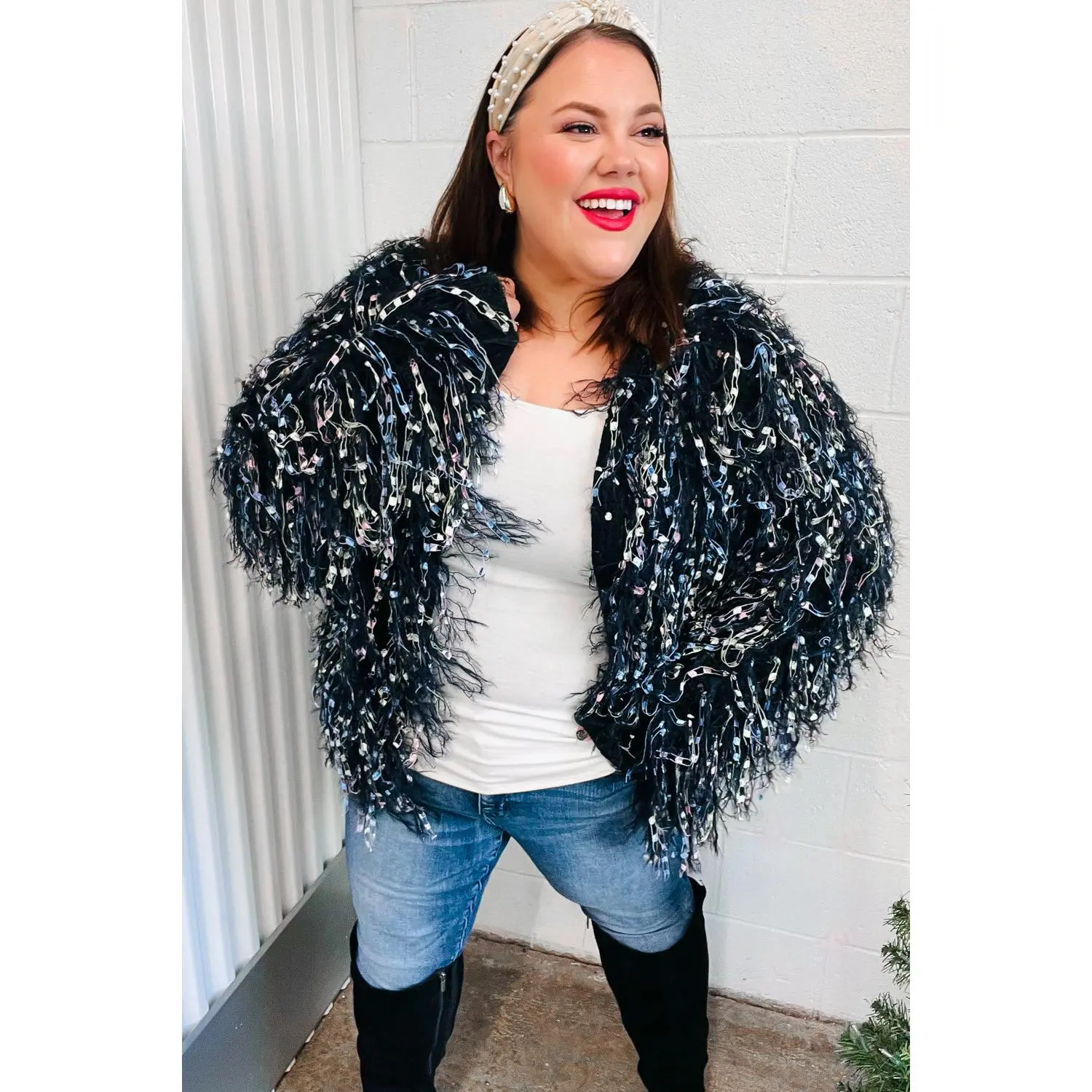 Dazzling Black & Multicolor Fuzzy Fringe Knit Cardigan