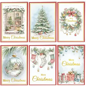 24 Christmas Cards Assortment, Festive Gold Foil Glitter Watercolor Bulk Xmas Cards with Envelopes & Messages - 6 Patterns, 4 3/4" x 7" for Friends, Family, Kids, Boys & Girls