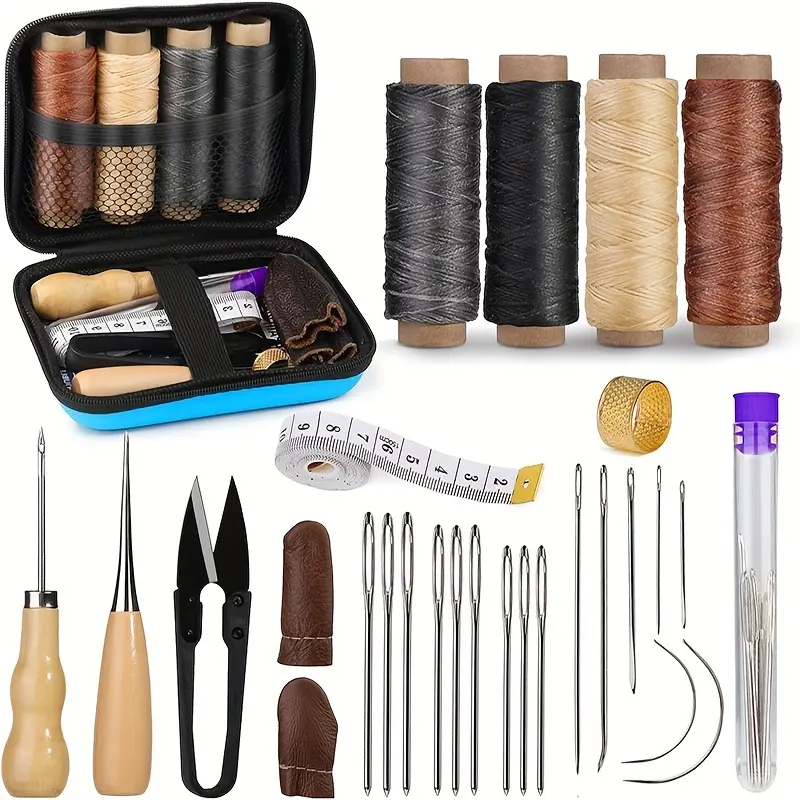 1set Leather Working Kit] Leather Sewing Kit - Large-Eye Stitching Needles, Waxed Thread, Leather Upholstery Repair Kit, Leather Working Tools and Supplies