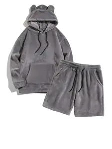 fall outfits Autumn and winter men's plush hooded bear-ear sweatshirt and shorts set, loose fit, suitable for all body types. The fabric is soft and comfortable, presenting a fashionable, homey and laid-back style